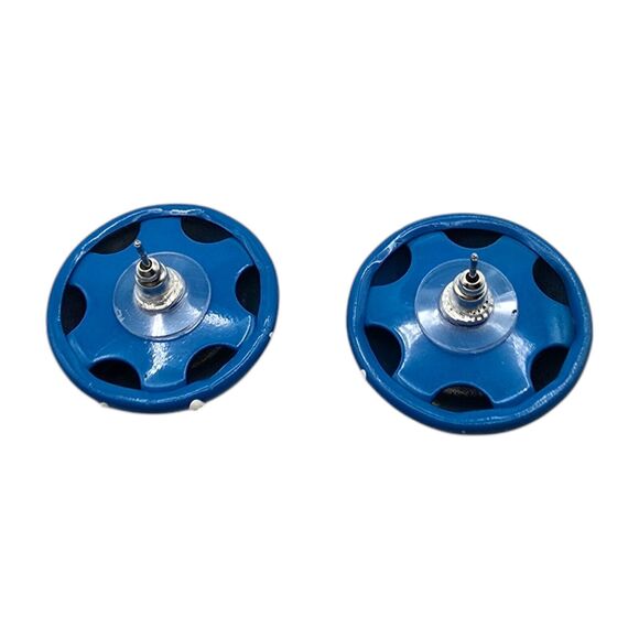 Button Dome Pierced Earrings Round Shaped Blue & White Hand Painted On Metal - Picture 6 of 8